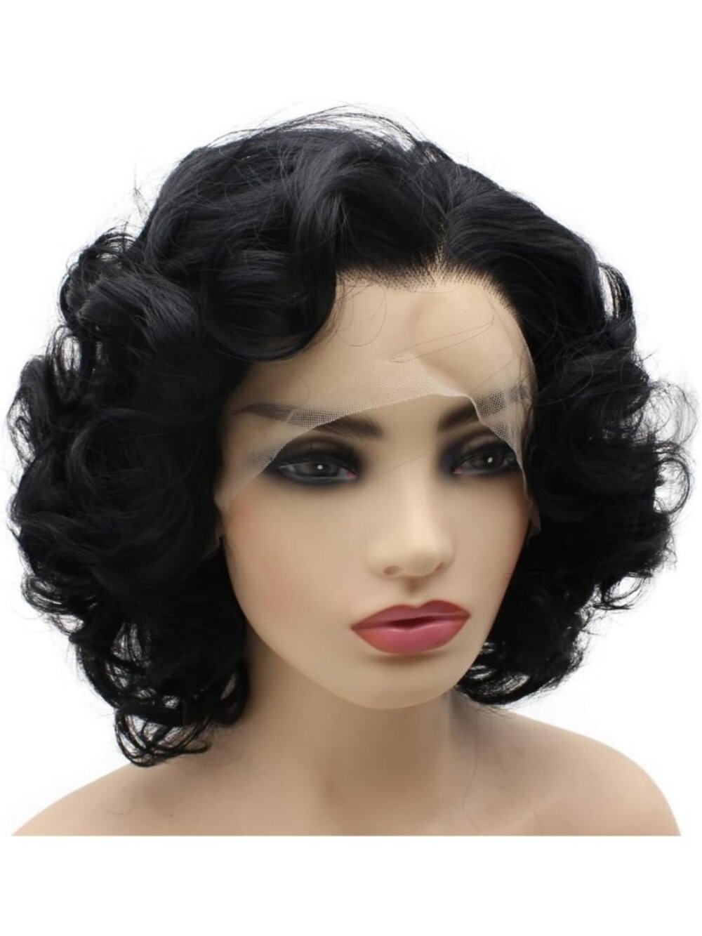 Short Curly Black Lace Front Wig | Half Hand-Tied Synthetic Hair for Natural